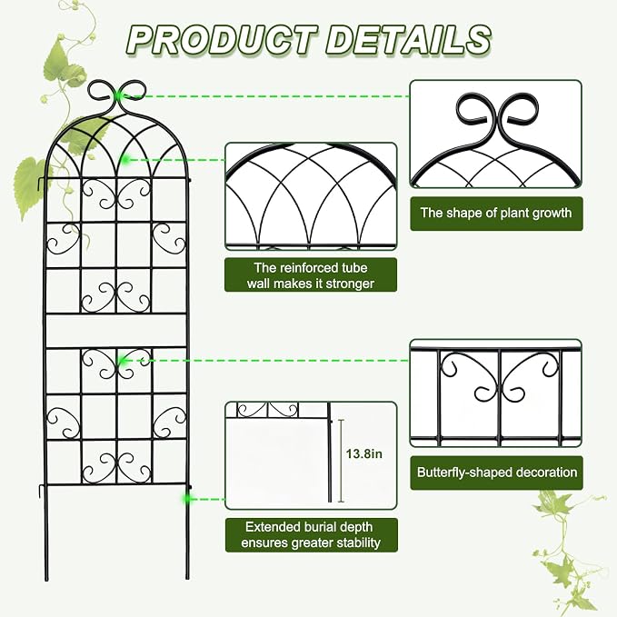 YOBAZAN 4 Pack 71x19.7in Rustic Iron Arch Decoration Garden Trellis with Black Metal Coating – Perfect for Supporting Climbing Plants Outdoor, Roses, Vines, Flowers, and Vegetables.