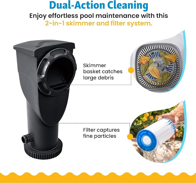 Funsicle SkimmerPlus 1,500 GPH Filter Pump for Above Ground Swimming Pools | 2-in-1 Filter Pump and Skimmer System for Easy Pool Cleaning & Maintenance, Sidewall-mounted design with Filter Cartridge