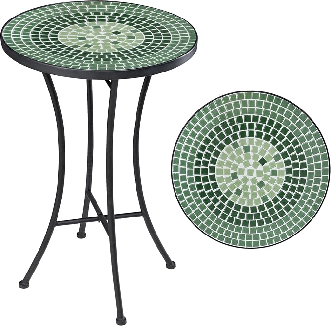 Vipush Mosaic Outdoor Side Table, 14" Round Folding Plant Stand for Patio Garden Backyard Balcony Porch Indoor Accent End Table for Living Room, Ceramic Tabletop with Black Iron, Green