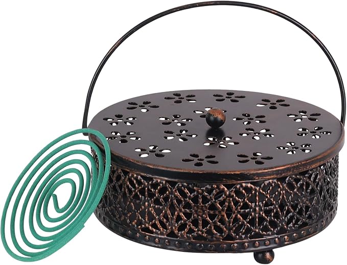 Portable Mosquito Coil Holder, hogardeck 6.3" Round Fireproof Metal Mosquito Incense Holder with Handle, Retro Hollow Incense Burner Yard Art for Lawn Garden Patio (Bronze, 1 Pack)