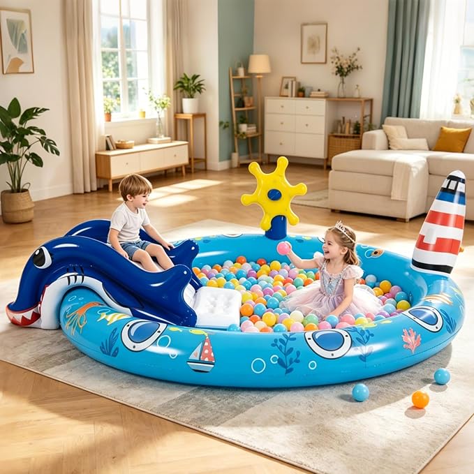 Inflatable Kiddie Pool with Slide and Sprinkler,Kids Pool for Outdoor Play | Marine Life Toddler Pool,Water Game Play Center,80" x 60" x 25"