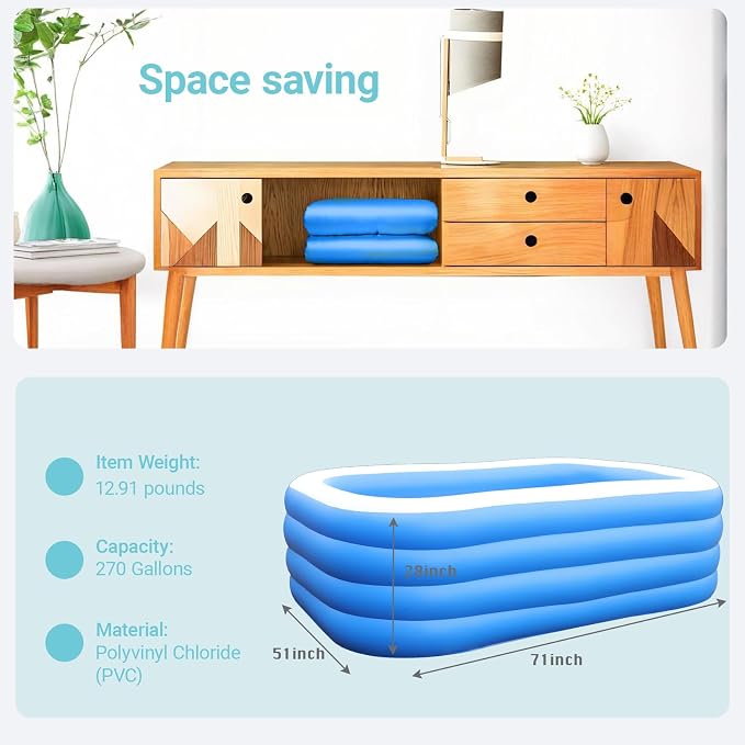 Inflatable Swimming Pool 71” x 51” x 28” Inflatable Family Swimming Pool for Summer Water Party, Adults, Outdoor, Garden, Backyard