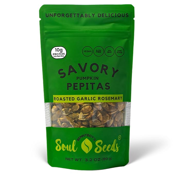 Soul Seeds Roasted Garlic Rosemary Pumpkin Seeds – Organic Pepitas with Shiitake Mushroom, Nutritional Yeast & Himalayan Salt, Savory Herb Vegan Snack, Crunchy Seed Topping, 3.2 oz