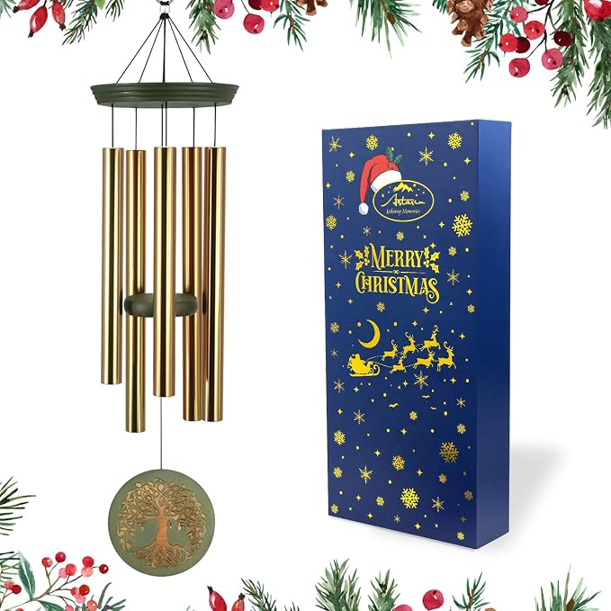 Wind Chimes for Outside, Outdoor Wind Chimes with Tree of Life Engraving, Garden Decor for Mom & Grandma, Deep Tone Metal Chimes for Yard, Home, Birthday Box Included