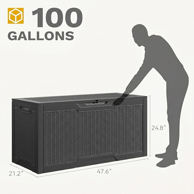 DWVO 100 Gallon Outdoor Storage Box, Large Deck Box Lockable Waterproof and UV Resistant Resin for Gardening Tools, Pool Supplies, Patio Cushions (Black)