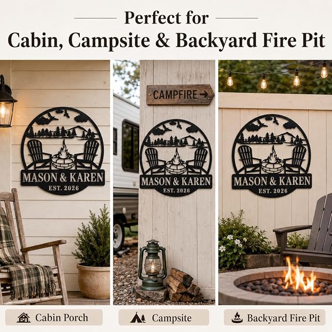 Personalized Campfire Metal Sign Custom Family Name Plaque, Mountain Cabin Wall Art for Backyard Fire Pit, Outdoor Camping Decor for RV Campsite and Nature Lovers