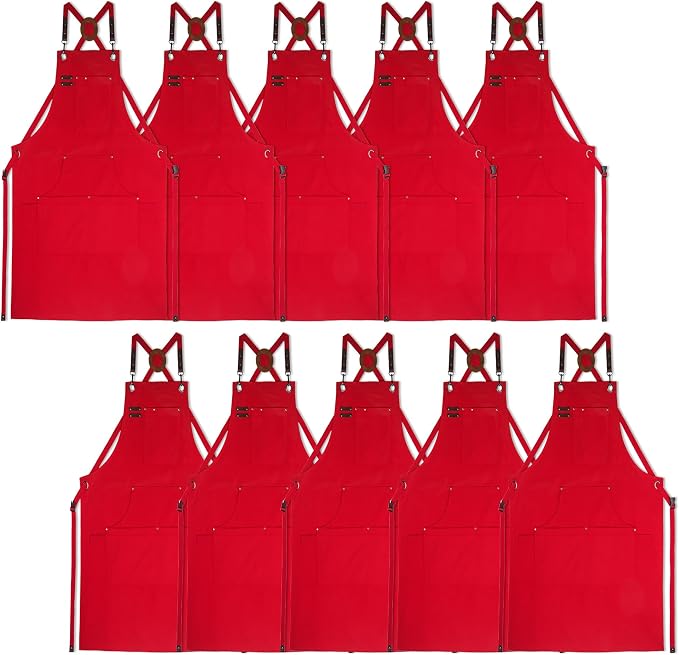 10 Pack Kitchen Apron, Work Apron, Canvas Apron, Red | Multiple Pockets, Gardening, Painting, BBQ, Artist, Carpenter, Sizes M to XXL