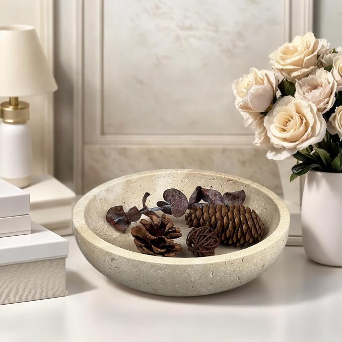 Travertine Decorative Bowls for Home Decor, Marble Fruit Bowl for Kitchen Counter, Keys Bowl for Entryway Table, Large Candy Serving Bowl for Table Centerpiece Office Modern Home Decor (Beige)