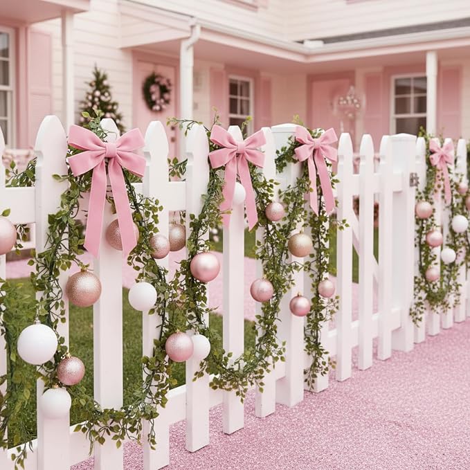 Soulchen 12 Pcs 20 Inches Christmas Garland Ties with Large Velvet Bows Reusable Holiday Wreath Twist Tie Bows for Banister Christmas Tree Indoor Outdoor Party Decorations (Pink)