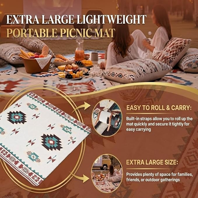 White Picnic Blanket, Extra Large Soft Cotton Gauze Picnic Rug 71"x71", Lightweight Breathable Blanket, Machine Washable for Beach, Camping, Park, Couples (Colorful Motifs-No Straps)
