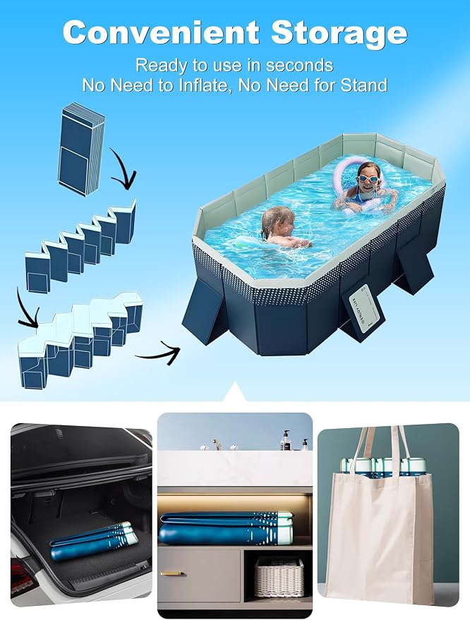 Large Foldable Swimming Kiddie Pool 83"x 55"x 22",Hard Plastic Square Pool for Kids & Dogs, Reinforced Sidewalls for Backyard Use (Blue,83")