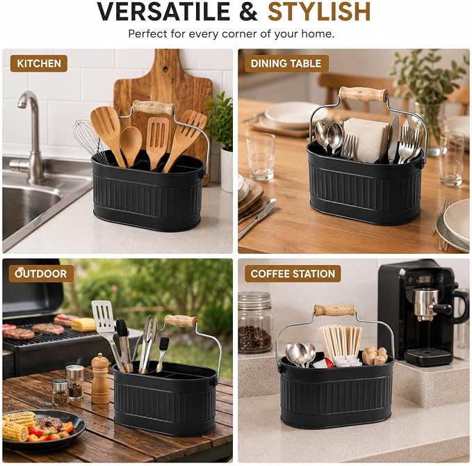 Alpha Living Home 4-Compartment Metal Flatware Caddy with Wooden Handle - Rustic Silverware & Utensil Organizer for Kitchen Counter, Dining Table, Picnic & Party Use