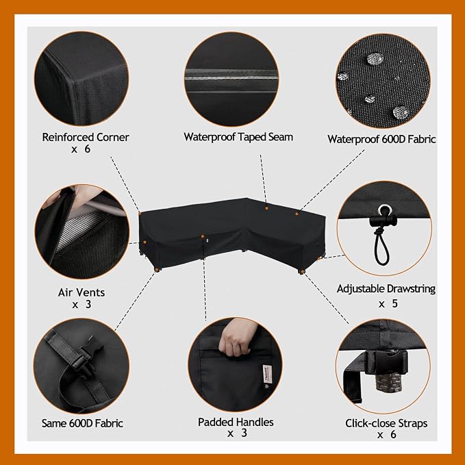 Heavy Duty Outdoor Sectional Sofa Cover, 120"X90" L-Shaped Waterproof 600D Patio Furniture Covers, Lawn Patio Couch Cover (Midnight Black, L-Shaped-Right Facing-120x90)