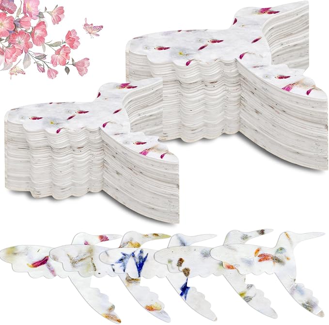 Dunzoom 50 Pcs Handmade Seed Paper Plantable Wildflower Seed Paper Recycled Flower Petals Tags Wedding Favors for Guests Craft Gifts Cards for Envelope Birthday Party, 5 Styles (Hummingbird Shape)