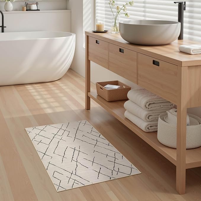 kakania Washable 2x3 Area Rug for Entryway: Boho Geometry Home Decor Rug | Soft Stain Resistant, Low-Pile, Non-Slip, Pet & Kid Friendly, Thin Carpet for Hallway/Kitchen/Bathroom - Beige