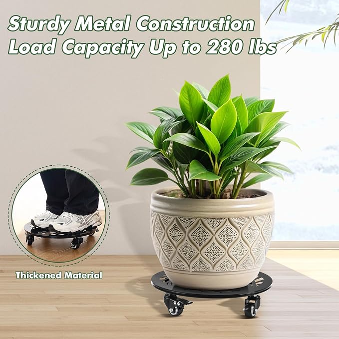 Planterhoma 2 Packs 12 Inch Rolling Plant Stand with Wheels Metal Plant Caddy with Wheels Heavy Duty Plant Rollers with Metal Wheels Round Wrought Iron Plant Stand with Clear Saucers, Glossy Black