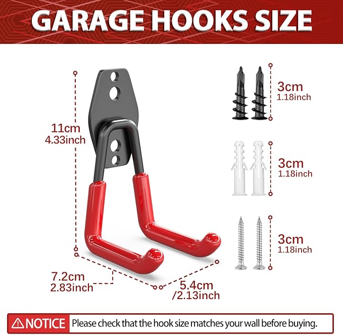 3-H Heavy Duty Garage Wall Hooks 8 Pack, 4.3 Inch Same Size, Anti-Slip PVC Coating Wall Mount Garage Storage Hooks for Ladders, Yard Tools, Shovel, Weed Eater, Hoses,Red