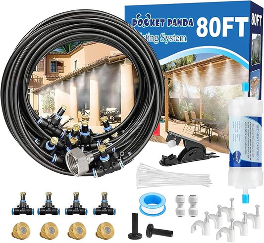 POCKET PANDA Pre-Assembled Misters for Outside Patio,80FT|24M.Outdoor Misting Cooling System, Backyard Mist Kit for Garden,Greenhouse,Deck,Umbrella,Canopy,Pool,Porch,Trampoline,Park BBQ Party