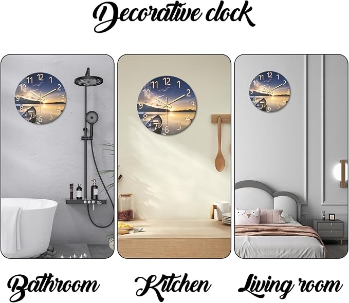 Round Glass Wall Clocks Battery Operated 14 Inch | Sunset Wall Clock for Bedroom Living Room Kitchen Office Silent Wall Clock Non Ticking