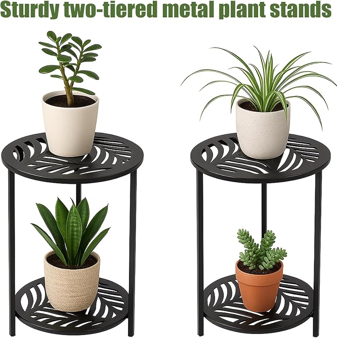 17.7" Two-tiered Metal Round Side Tables Extra-large Black Outside End Table for Patio Round Accent Garden Corner Stand for Small Spaces Weather-resistant Coffee Table for Balcony Porch Plant Stand