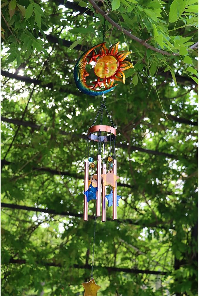 Sun Moon Star Wind Chime for Outside Decoration, with Star Shape Suncatcher | BVLFOOK; Aluminium Tubes; Wind Chimes; Hanging for Porch Patio Balcony Décor; 37 Inch; indoor & outdoor