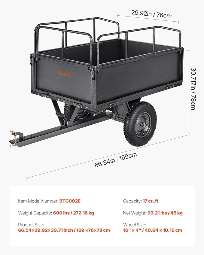 VEVOR Heavy Duty ATV Trailer Tow Behind Dump Cart, 17 Cu.Ft. 600lbs Capacity, Pull Behind Steel Yard Wagon Dump Trailer for Tractor Lawn Mower Garden with 16in Tires