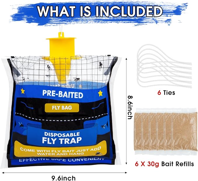 6 Pack Fly Traps Outdoor Hanging for Patio, Outdoor Disposable Hanging Fly Trap with 30g Bait, Bug Fly Hunter Catcher Killer Control for Barn Horse Ranch Chicken Coop