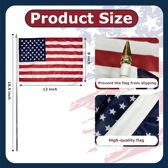 8x12 inch Small American Flag on Stick 6 Pcs for 250th Anniversary, Mini Hand Held US USA Flags with Stainless Steel Pole for Outside Yard 4th of July Decorations