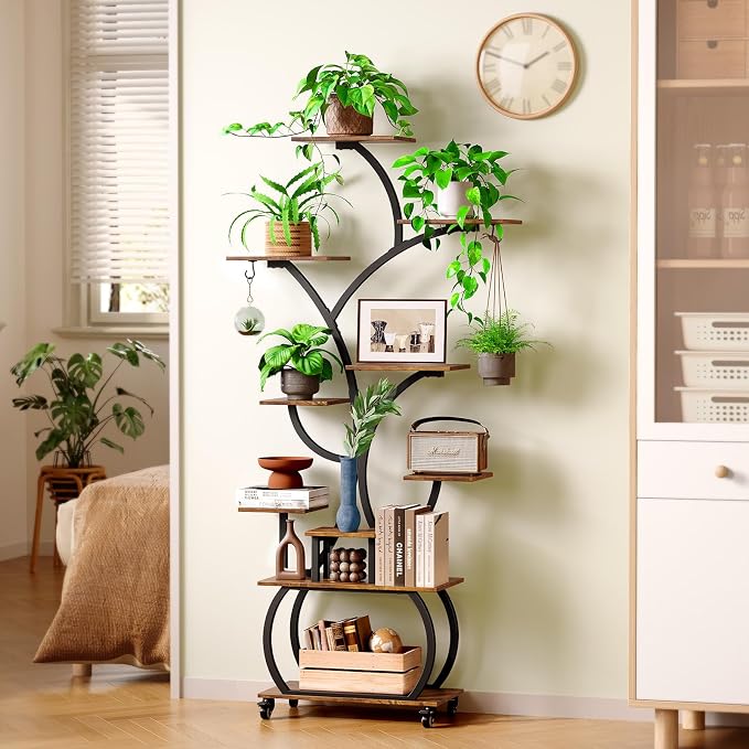 Plant Stand with Grow Lights, 61" Tall Plant Shelf Indoor with Multi-Color Full Spectrum LED Lights and 360° Lockable Wheels, 10-Tier 61" Tree-shaped Decorative Rack, for Living Room, Balcony & Office, Black and Brown