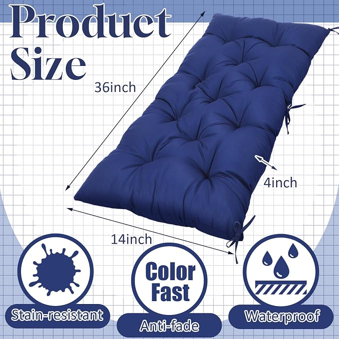 Wenqik Outdoor Bench Cushion 36 x 14 x 4 Inch Waterproof Patio Swing Cushion with Removable Zippered Cover Adjustable Ties Seat Pad for Porch Bench Garden Loveseat (Navy Blue, Classic)