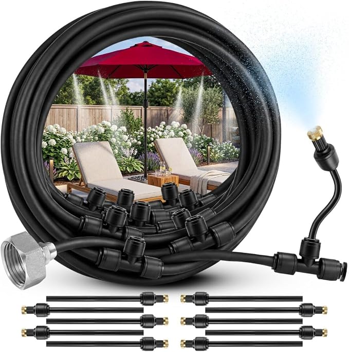 Misting System for Patio, 33 FT Outdoor Misters for Outside Patio Cooling, Fine Mist Mister Kit with Flexible Rod Nozzles, Garden Faucet Setup for Pergola, Garden, Greenhouse, Backyard, Black