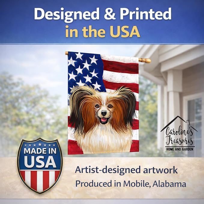 Caroline's Treasures CK6642CHF Phalene Dog American Flag House Flag Large Porch Sleeve Pole Decorative Outside Yard Banner Artwork Wall Hanging, Polyester, House Size, Multicolor