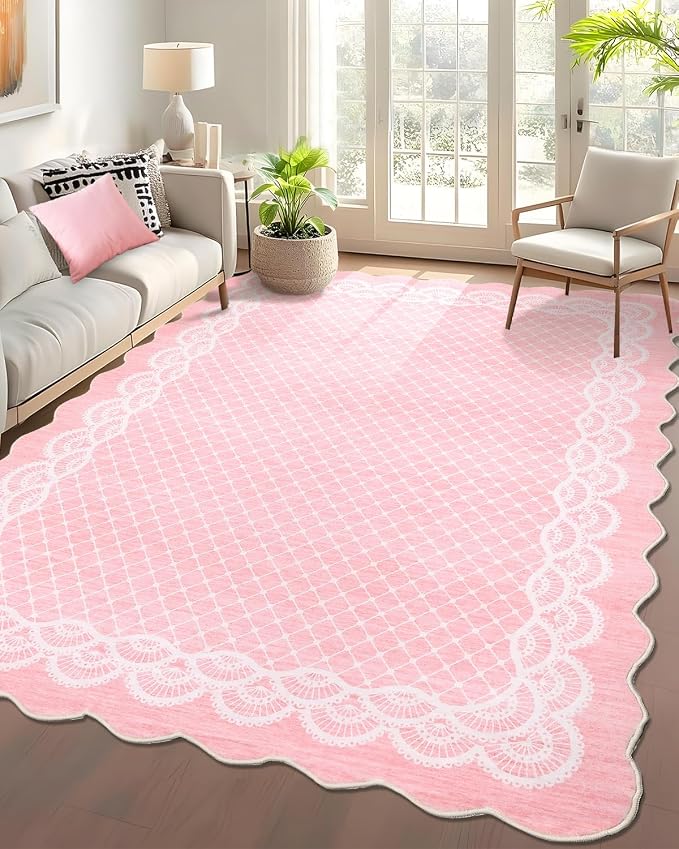 Garvee Washable Scalloped 8x10 Area Rug for Living Room Lace Pink Rug | Soft Non Slip Rugs for Bedroom, Low Pile Neutral Rug, Stain Resistant Foldable Carpet for Playroom Dorm, Farmhouse Rugs