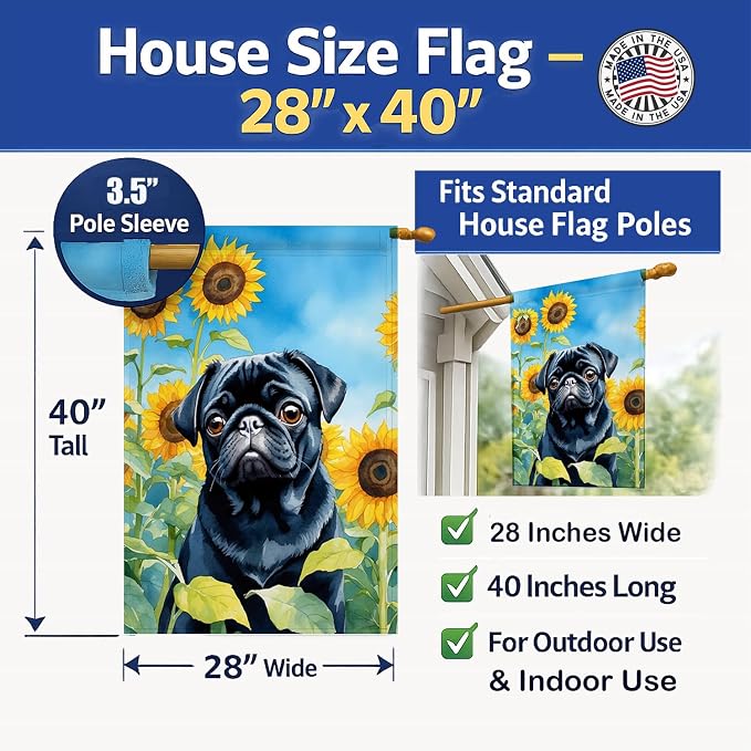 Caroline's Treasures DAC6144CHF Pug in Sunflowers House Flag Large Porch Sleeve Pole Decorative Outside Yard Banner Artwork Wall Hanging, Polyester, House Size, Multicolor