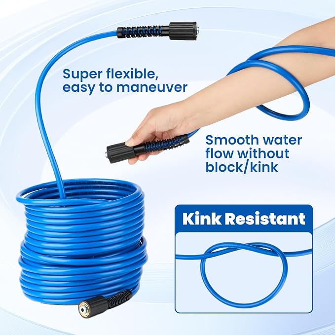 Twinkle Star Super Flexible Pressure Washer Hose 100ft, 5800 PSI Kink Resistant Power Washer Hose 1/4 in., Replacement Power Wash Hose with Stainless Steel M22 and 3/8" Quick Connection Kit