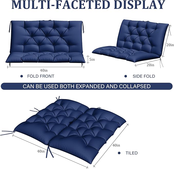 Porch Swing Cushion with Backrest,Waterproof Bench Cushion for Outdoor Furniture,2-3 Seater Replacement Thickened 5 in swing cushion,with Ties,Patio,Outdoor,Backyard and Garden (Blue,40x40 in)