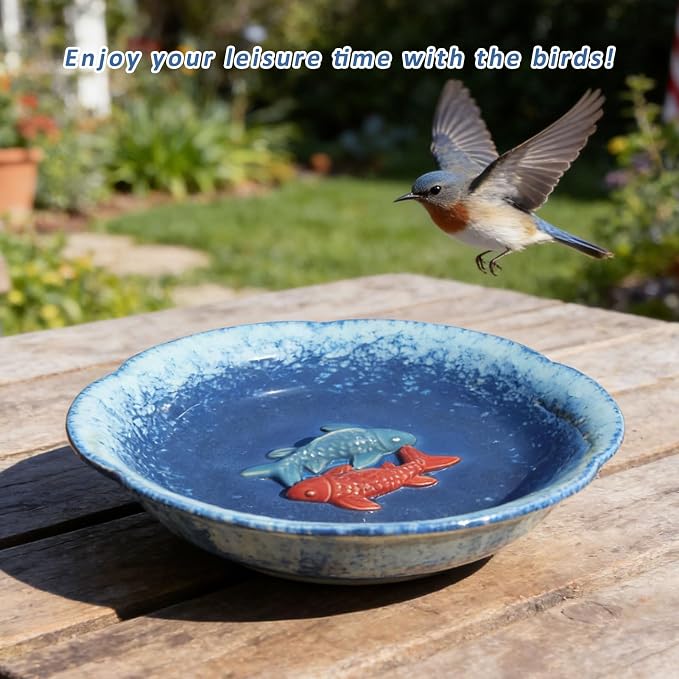10" W Ceramic Bird Bath Bowl,Bird Bath for Outside with 2 Koi Fish Decor.