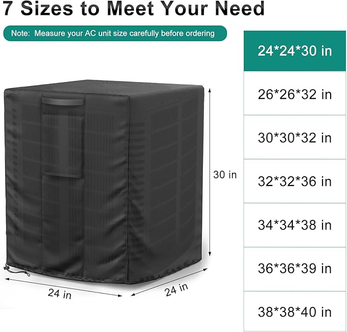 Central Large Air Conditioner Cover for Outside Units, Waterproof & Windproof Outdoor AC Units Cover Black (24"x24"x30" Inch)