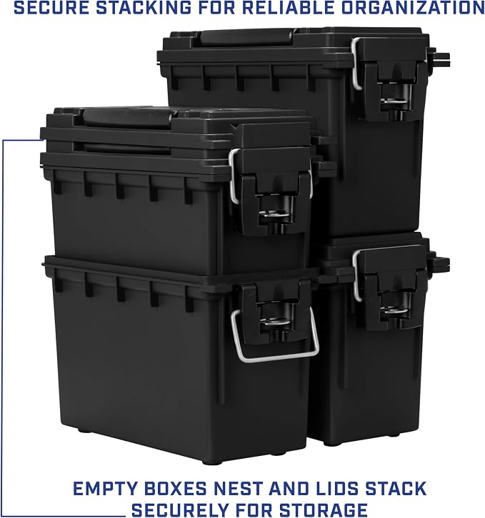 Sheffield Ammo Box Made in USA, Stackable Lockable Ammo Storage Box, Black | 4 Pack Lockable Storage Box, Water & Dust Resistant Dry Box, Secures Hunting Gear, Gun Accessories, Supplies, Bullets