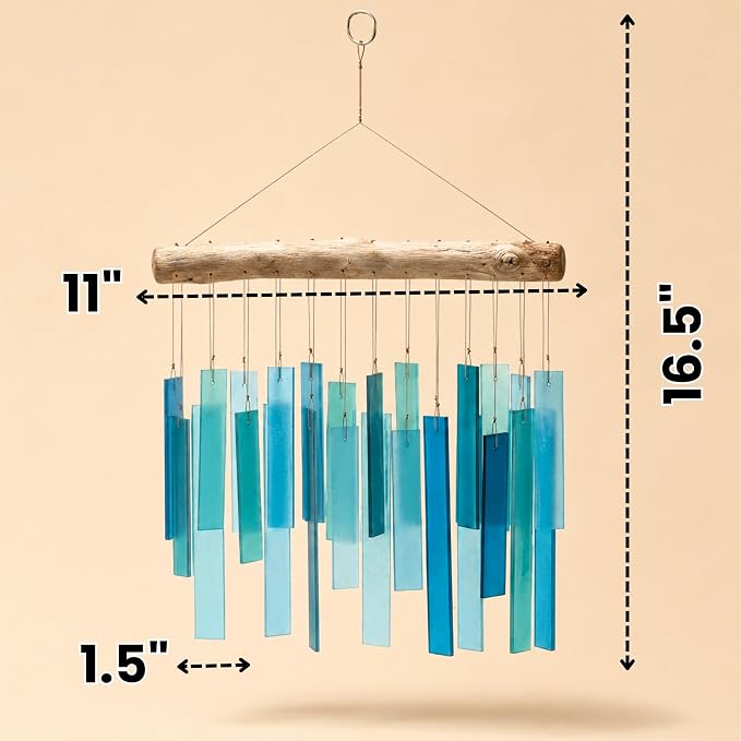 Solange & Frances Glass Wind Chimes for Outside. Handmade Hanging Wind Chimes Coastal Beach Decor, Pool Area Gift Outdoor Decor Gift for Women, Gifts for Mom, Birthday Gifts for Women