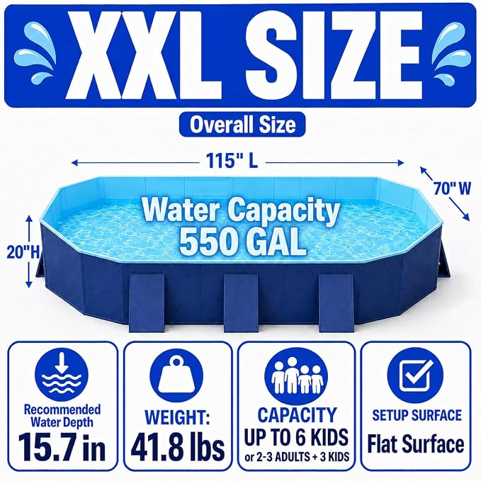 Japard Foldable Non-Inflatable Pool XX Large 115" Above Ground Kids Blue | Non-Inflatable Swimming Reinforced Sidewalls Deep for Baby Toddler Adults Backyard No Hassle Collapsible Portable