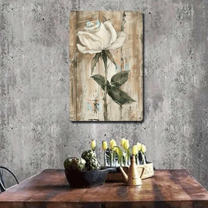 Metal Sign Tin Sign Vintage Wall Art White Rose Vintage Tin Sign for Shabby Chic Interiors Weathered Texture and Corrosion Resistant A Inspirational Wall Art for Bar 12×16 Inches