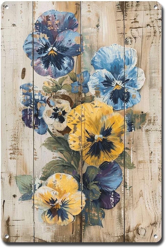 Metal Sign Tin Sign Vintage Wall Art Shabby Chic Pansies Tin Sign for Rustic Color Blends Antique Garden Charm and Distressed Wood Pan Vintage Decor for Room 12×16 Inches