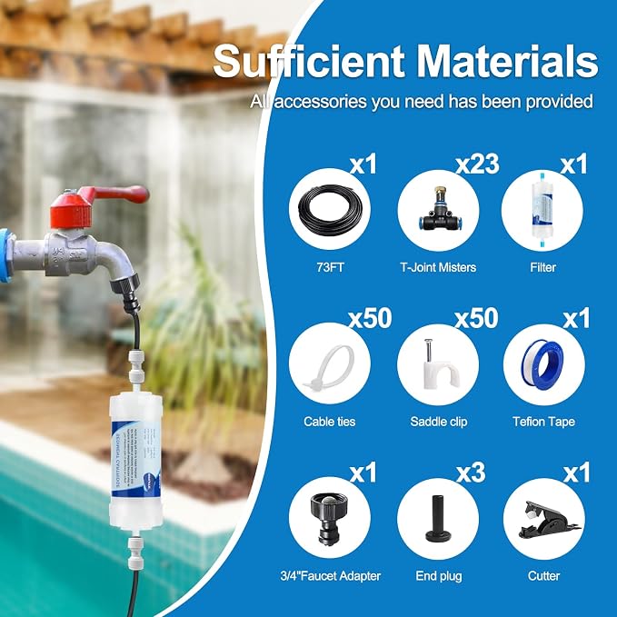 Water Misters for Cooling Outdoor, Outside Patio Mister w Filter,73FT|23M. Backyard Misting System for Garden,Greenhouse, Fan,Deck,Umbrella,Canopy,Pool,Porch,Trampoline,Sprinkler,Park, Kid, Yard, Park
