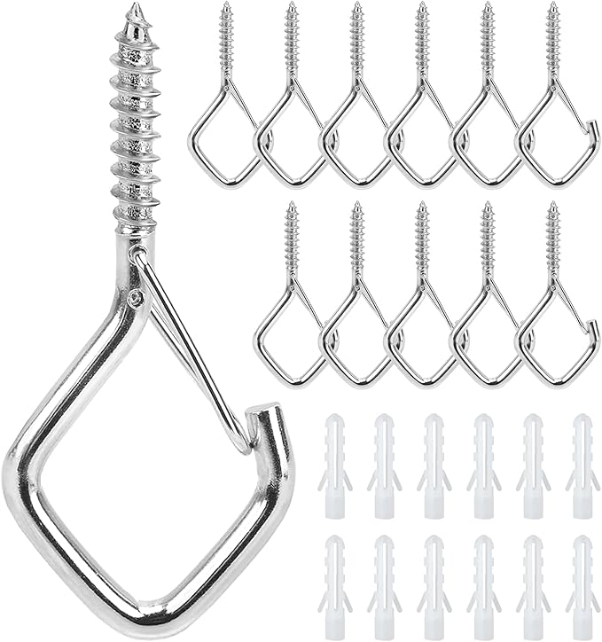 12 PCS 304 Stainless Steel Screw Hooks for Hanging, Ceiling Hooks with Locking Clip, Screw in Hooks for Hanging Plants, String Lights, Wind Chimes, Bird Feeders, Outdoor and Indoor Use
