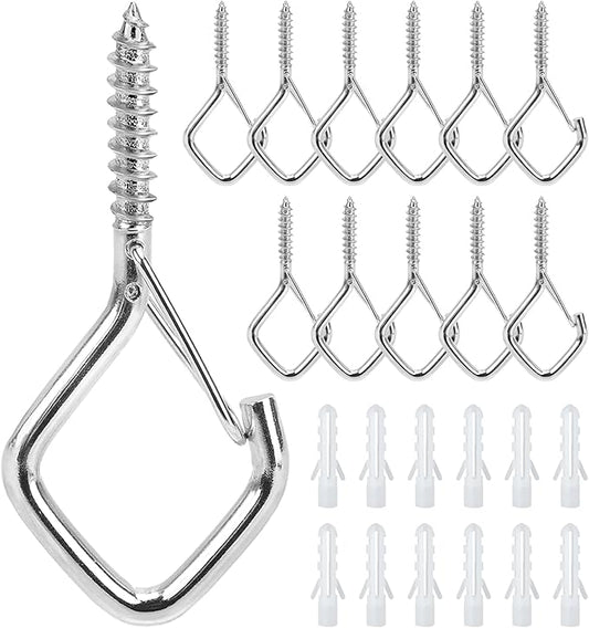 12 PCS 304 Stainless Steel Screw Hooks for Hanging, Ceiling Hooks with Locking Clip, Screw in Hooks for Hanging Plants, String Lights, Wind Chimes, Bird Feeders, Outdoor and Indoor Use