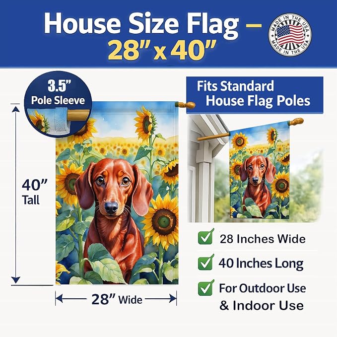 Caroline's Treasures DAC6065CHF Dachshund in Sunflowers House Flag Large Porch Sleeve Pole Decorative Outside Yard Banner Artwork Wall Hanging, Polyester, House Size, Multicolor