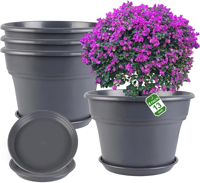 Myfeegoin 13-inch-Plant-Pots, 4 Pack Large Planters for Outdoor Plants, Plastic Flower Pots Indoor with Drainage Holes & Trays, Classic Garden Pot Container for House