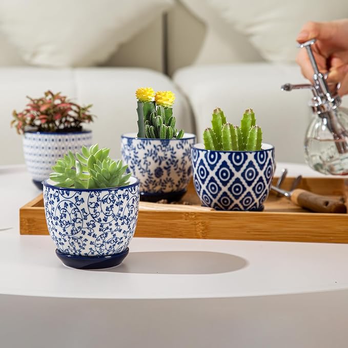 Ceramic Succulent Planter Pots - 3.5 Inch Small Flower Pot with Drainage Holes and Saucers for Indoor Plant, Cactus, Herbs, Outdoor Plants, Home Decor, Set of 4, Vintage Blue