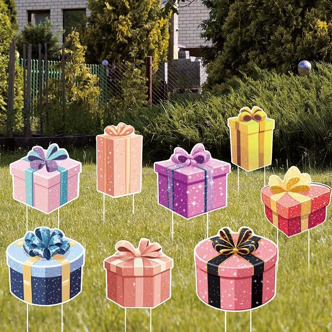 SUPERDANT 8Pcs Gift Boxes Yard Sign with 16 Stakes Gift Party Lawn Decorations Surprise Waterproof Sign for Outdoor Backyard Garden Birthday Decoration